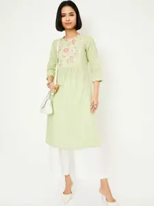 max Ethnic Thread Work Pleated Round Neck Pure Cotton A-Line Kurta