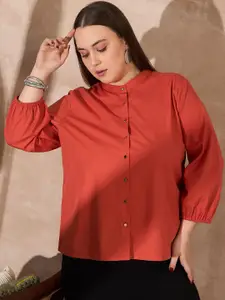 all about you Women Plus Size Band Collar Solid Cotton Casual Shirt