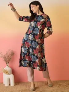 Sangria Navy Blue Floral Printed Mandarin Collar Panelled A-Line Kurta