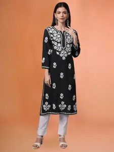 PARAMOUNT CHIKAN Floral Embroidered Chikankari Notch Neck Modal Straight Kurta