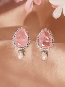 Niscka Rhodium-Plated Zircon Stone Studded Teardrop Shaped Drop Earrings