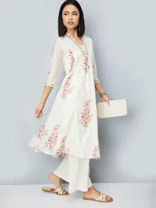 max Floral Printed V-Neck Thread Work A-Line Kurta