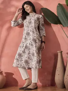 Sangria Brown Floral Printed Mandarin Collar Pure Cotton Straight Kurta