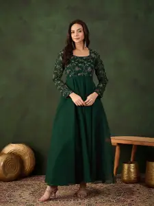 Sangria Women Floral Zari Embroidered Maxi Ethnic Dress