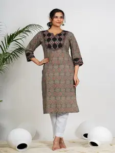Vbuyz Ethnic Motifs Printed Notch Neck Cotton Straight Kurta