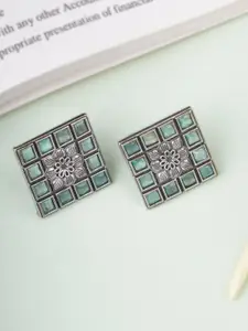 Adwitiya Collection Silver-Plated Artificial Stones Studded Square Shaped Oxidised Studs
