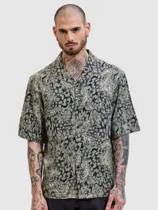Snitch Men Relaxed Oversized Fit Cuban Collar Abstract Printed Casual Shirt