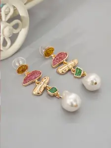 Niscka Gold-Plated Onyx Stones Studded Contemporary Shaped Drop Earrings