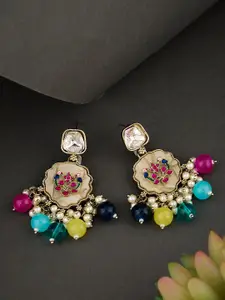 ATIBELLE Gold-Plated Kundan Stone & Beaded Studded Contemporary Drop Earrings