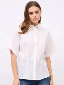 Styli Women Spread Collar Solid Cotton Casual Shirt