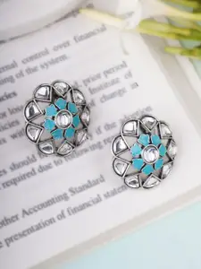 Adwitiya Collection Silver-Plated Kundan Studded Oxidised Contemporary Shaped Shaped Studs