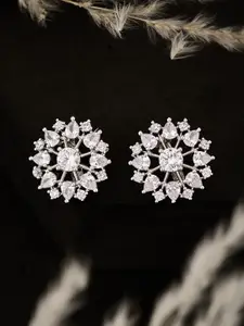 ATIBELLE Silver Plated & White Cubic Zirconia Stone Studded Floral shaped Studs Earrings