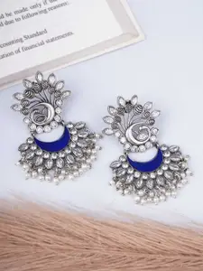 Adwitiya Collection Silver-Plated Stones Studded And Beaded Crescent Drop Earrings