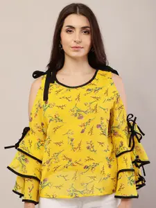 Raabta Fashion Floral Print Cold-Shoulder Georgette Top