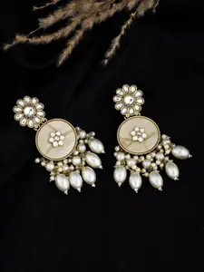 ATIBELLE Gold-Plated Artificial Stone Studded & Beaded Contemporary Shaped Drop Earrings