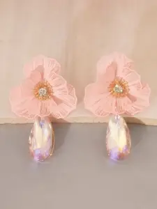 Niscka Silver-Plated Artificial Stones Studded and Beaded Floral Shaped Drop Earrings