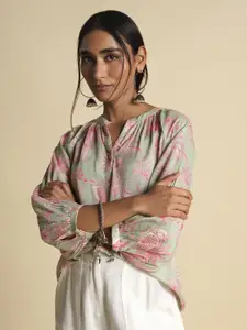 Global Desi Women Floral Print Tie-Up Neck Top