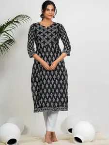 Vbuyz Floral Printed Cotton Notch Neck Straight Kurta