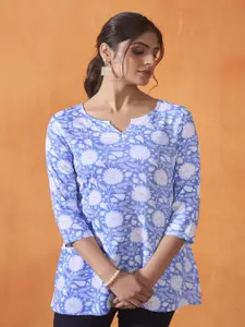 Anouk Blue And White Ethnic Motifs Printed Notch-Neck Kurti