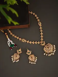 ATIBELLE Gold-Plated Stone-Studded & Beaded Necklace and Earrings