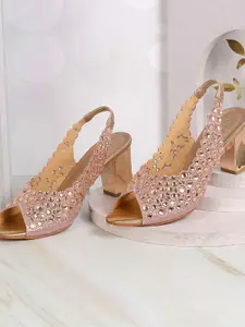 Mochi Women Embellished Block Peep Toes with Laser Cuts