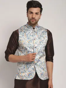 Kaifoo Woven Design Mandarin Collar Nehru Jackets