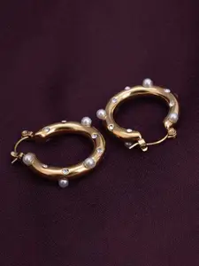 PALMONAS 18k Gold Plated Pearls Studded Stainless Steel Hoop Earrings