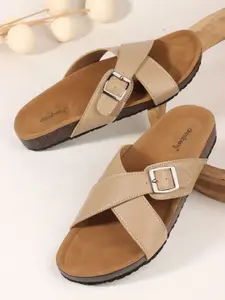 DressBerry Women Textured Open Toe Flats with Buckles