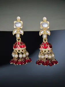 ATIBELLE Silver Plated Cubic Zirconia Stone Studded & Beaded Contemporary Shaped Jhumkas