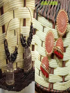 JMBW INTERNATIONAL Set Of 2 Gold-Plated Artificial Beaded Dome Shaped Oxidised Jhumkas