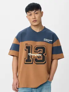 The Souled Store Men Typography Printed V-Neck Cotton Oversized T-shirt