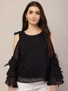 Raabta Fashion Polka Dot Print Cold-Shoulder Georgette Top