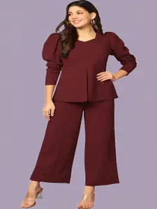 Fashion FRICKS Solid Sweet Heart Neck Top With Trousers