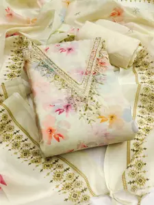 Maroosh Floral Printed Beads And Stones Organza Unstitched Dress Material