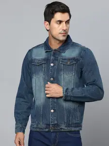 High Star Men Spread Collar Washed Solid Cotton Casual Denim Jacket
