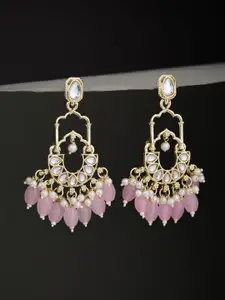 ATIBELLE Contemporary Shaped Gold Plated Pink Kundan Stone Studded Classic Chandbalis