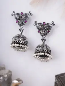 Adwitiya Collection Silver-Plated Artificial Stones Studded And Beaded Dome Shaped Jhumkas