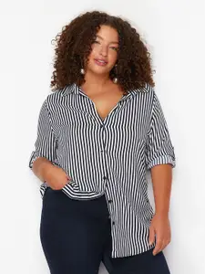 Trendyol Women Oversized Fit Spread Collar Vertical Striped Casual Shirt