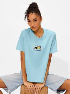 The Souled Store Women Cotton Half Sleeves Relaxed Fit Graphic Printed Round Neck T-shirt