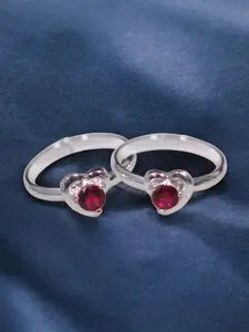 Taraash Set Of 2 925 Sterling Silver-Plated CZ Studded Heart Shaped Toe Rings