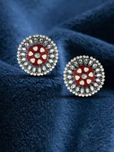 Adwitiya Collection Silver-Plated Stones Studded Contemporary Shaped Oxidised Studs