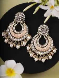 Adwitiya Collection 24K Gold-Plated Stones Studded & Beaded Crescent Drop Earrings