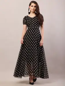 Raabta Fashion Polka Dot Print Georgette Fit & Flare Maxi Dress