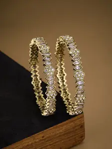 ATIBELLE Set of 2 Gold Plated Stone Studded Floral Shaped Textured Bangles