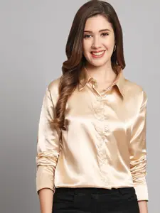 Funday Fashion Women Spread Collar Solid Satin Formal Shirt