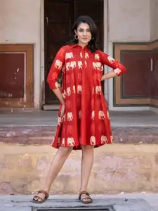 BAESD Women Cotton Shirt Collar Printed A-Line Dress