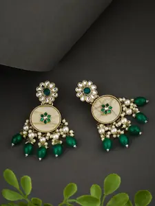 ATIBELLE Gold-Plated Kundan Stone Studded & Beaded Contemporary Shaped Drop Earrings