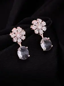 ATIBELLE Rose Gold Plated Cubic Zirconia Stone Studded Contemporary Shaped Drop Earrings
