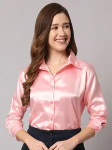 Funday Fashion Women Spread Collar Solid Satin Formal Shirt