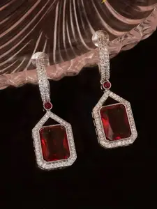 Niscka Rhodium-Plated American Daimond Stone Studded Contemporary Drop Earrings